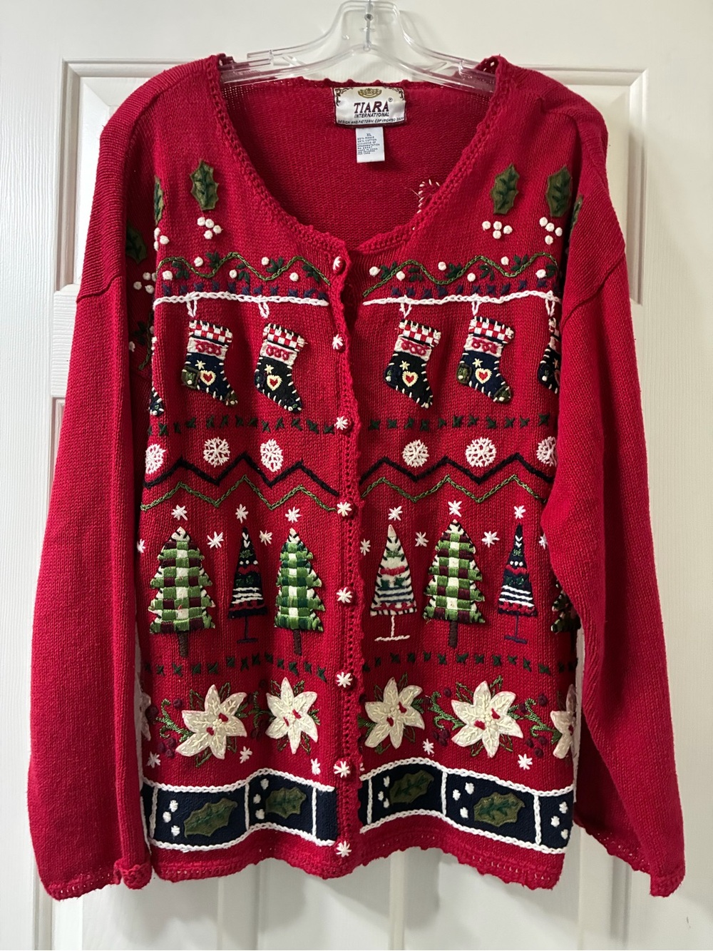 Tiara Red Holiday Cardigan with Embroidered Trees & Stockings